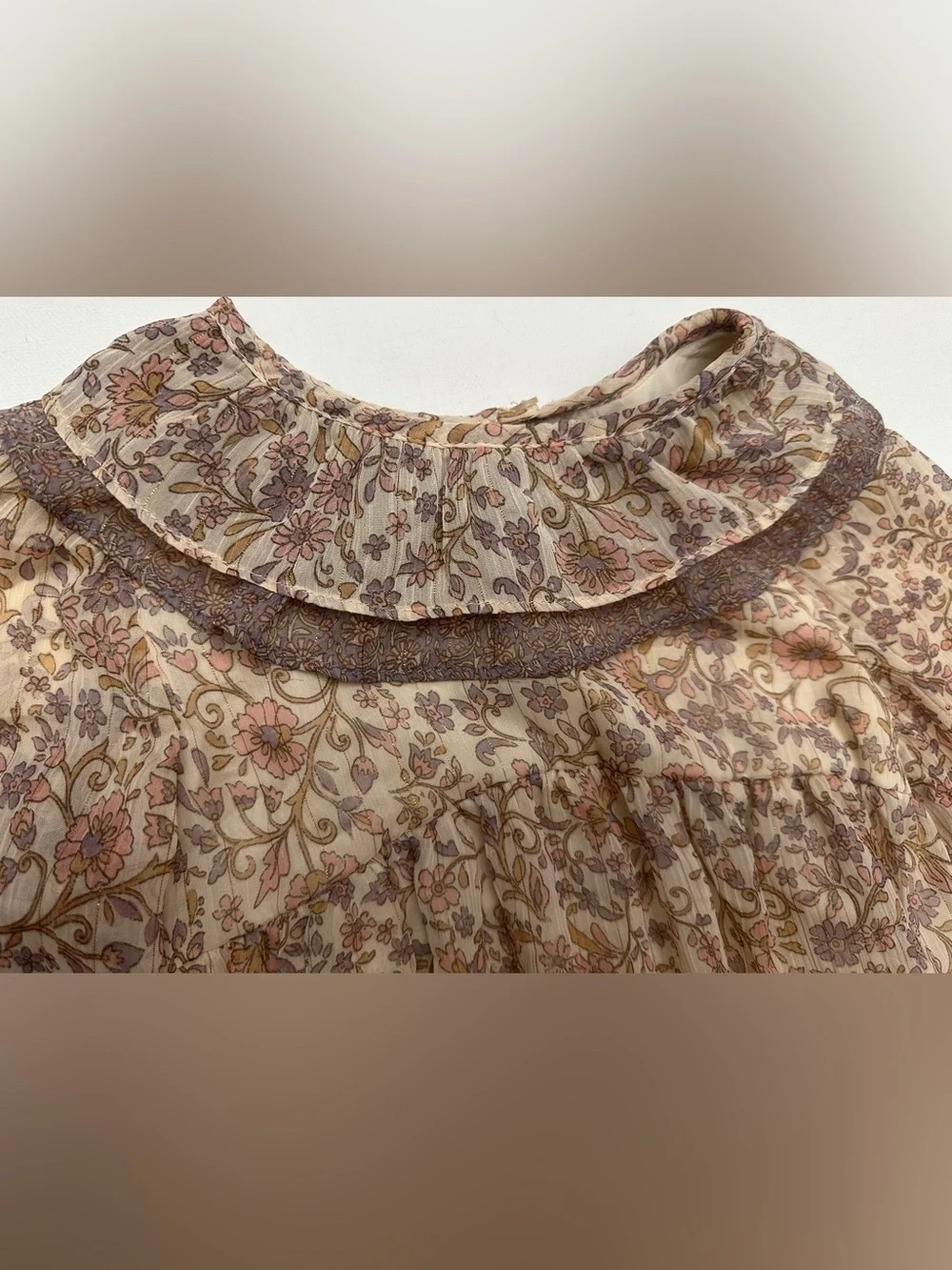 Zara girl’s floral smock dress brown ruffled collar, long sleeves.  Size 3-4T.